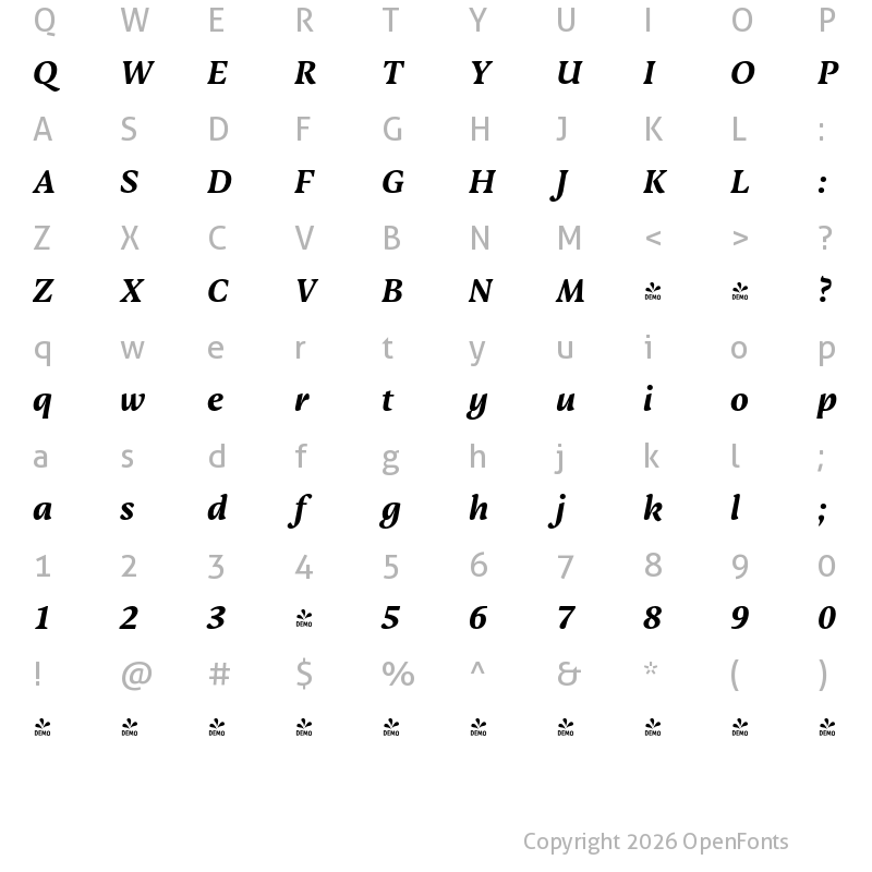 Character Map of FONTSPRING DEMO - Adelbrook Bold Italic