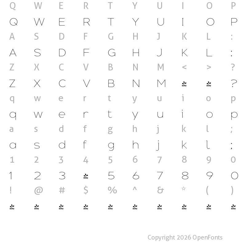 Character Map of FONTSPRING DEMO - Adequate Extra Light