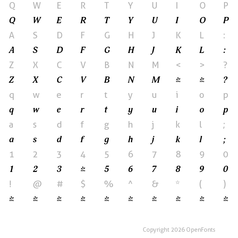 Character Map of FONTSPRING DEMO - Adonis Bold Italic