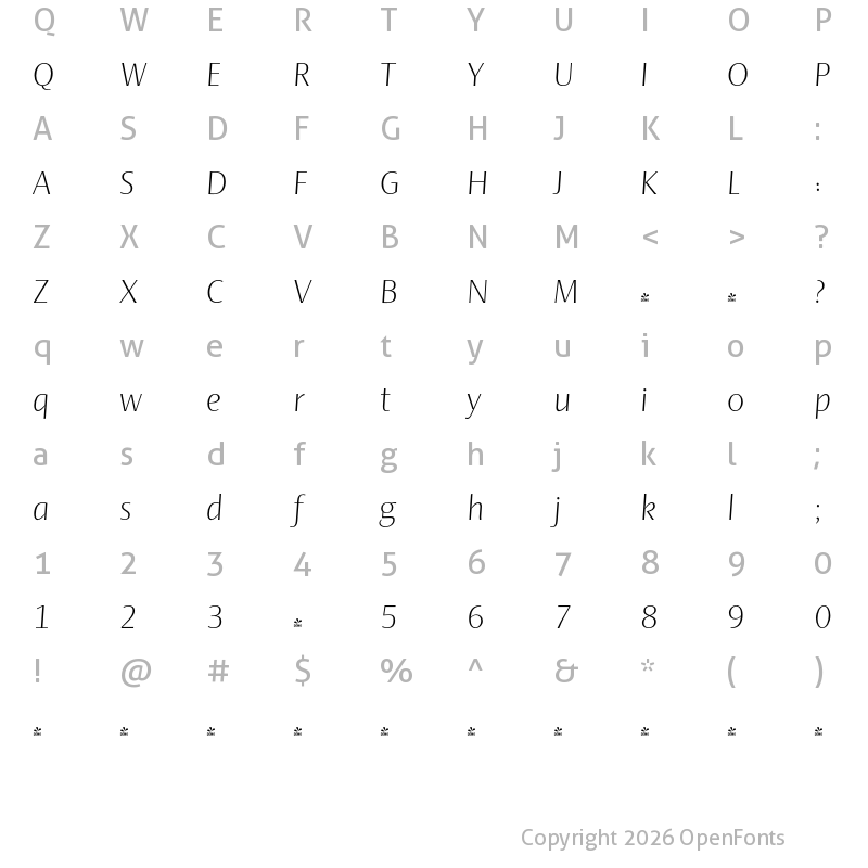 Character Map of FONTSPRING DEMO - Ador Hairline Light-Italic Regular