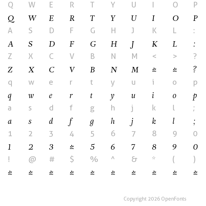 Character Map of FONTSPRING DEMO - Adriane Text Italic