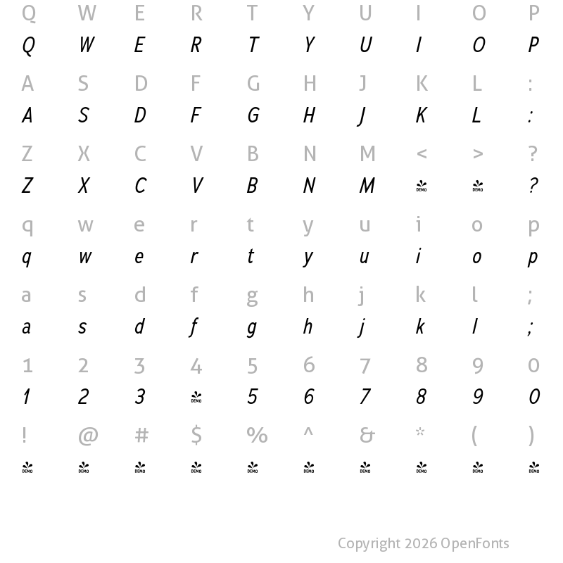 Character Map of FONTSPRING DEMO - Adrianna Condensed Italic