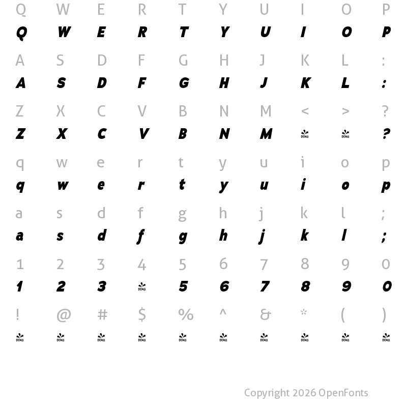 Character Map of FONTSPRING DEMO - Adrianna Condensed Xb Italic