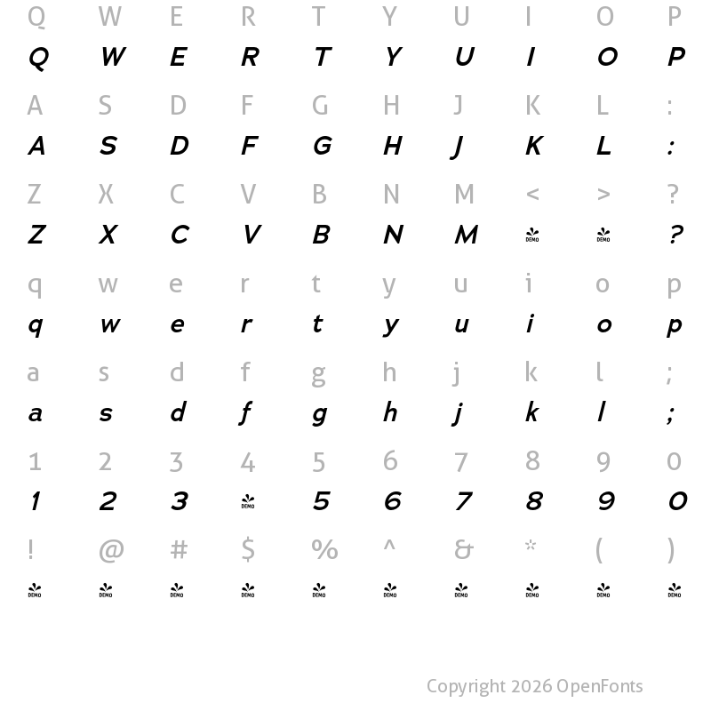 Character Map of FONTSPRING DEMO - Adrianna Lt Bold Italic