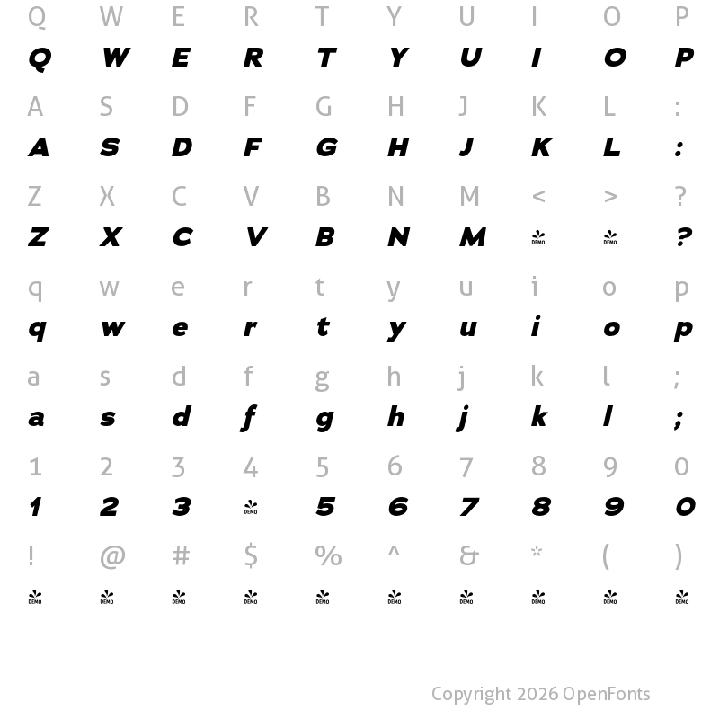 Character Map of FONTSPRING DEMO - Adrianna Xb Italic