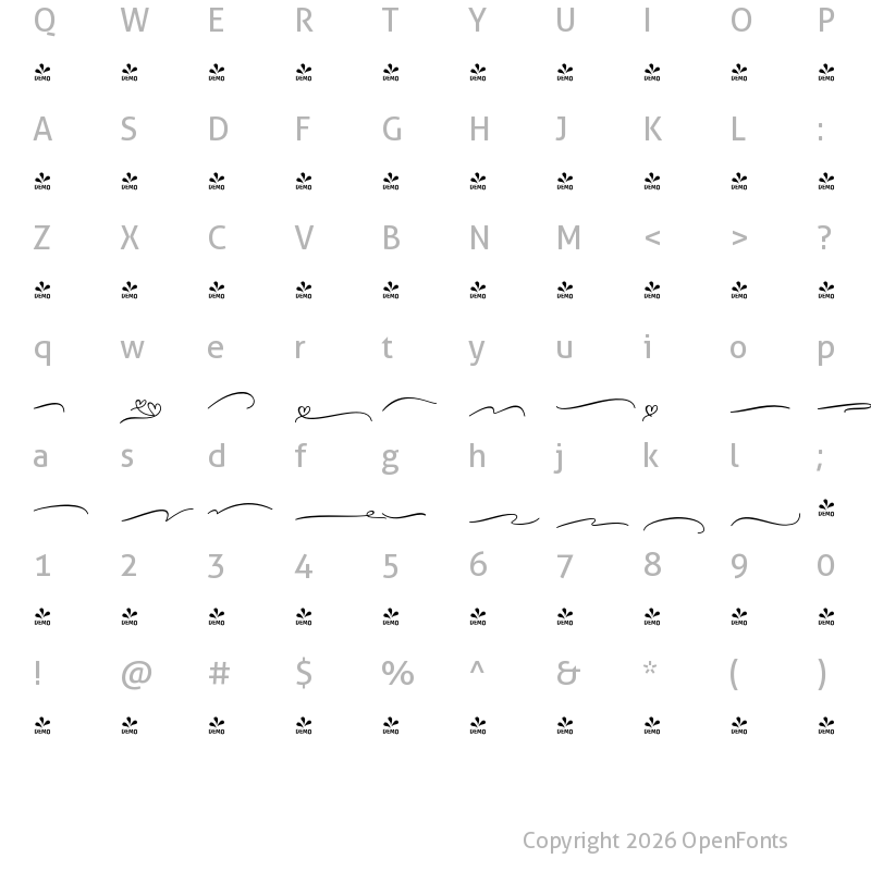 Character Map of FONTSPRING DEMO - Agustine Script Extras Regular