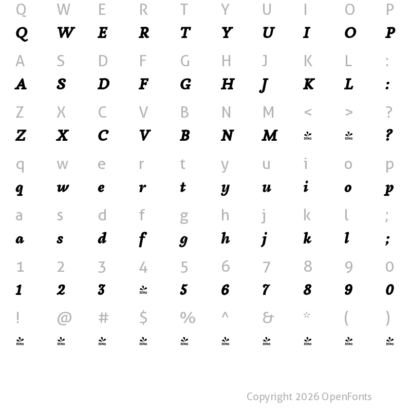 Character Map of FONTSPRING DEMO - Aila Black- Italic