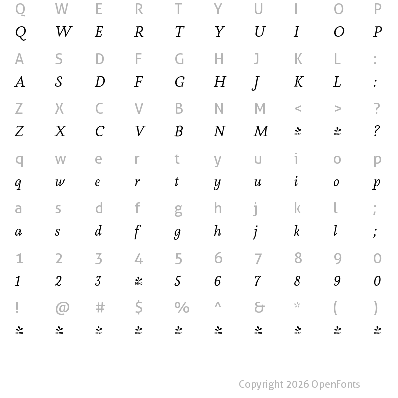 Character Map of FONTSPRING DEMO - Aila- Italic