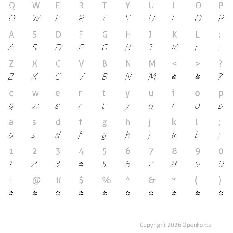 Character Map of FONTSPRING DEMO - Akceler C alt Light