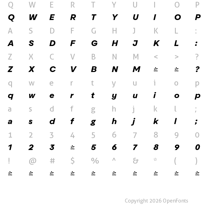 Character Map of FONTSPRING DEMO - Aktifo A ExtraBold Oblique Regular