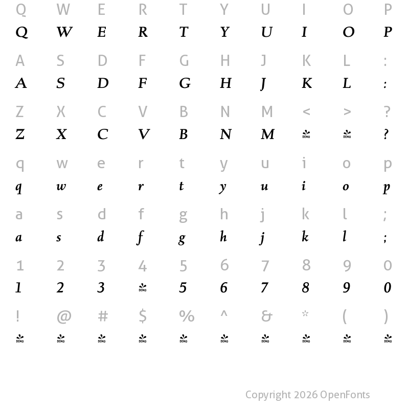 Character Map of FONTSPRING DEMO - Albertan Pro SemiBold Italic