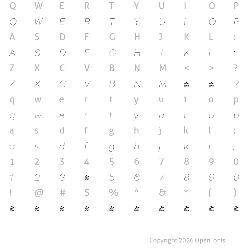 Character Map of FONTSPRING DEMO - Alergia Wide Hairline Italic
