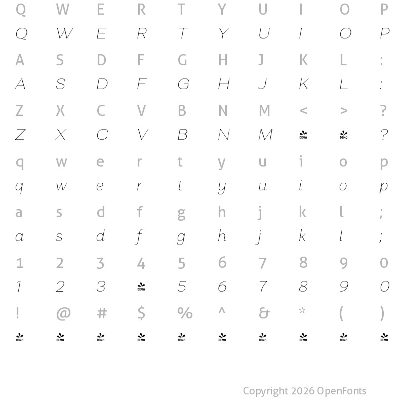Character Map of FONTSPRING DEMO - Alethia Next Thin Italic