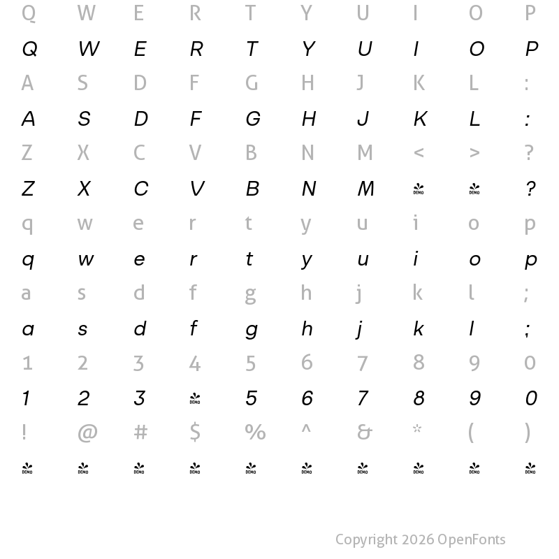 Character Map of FONTSPRING DEMO - Alexer Italic