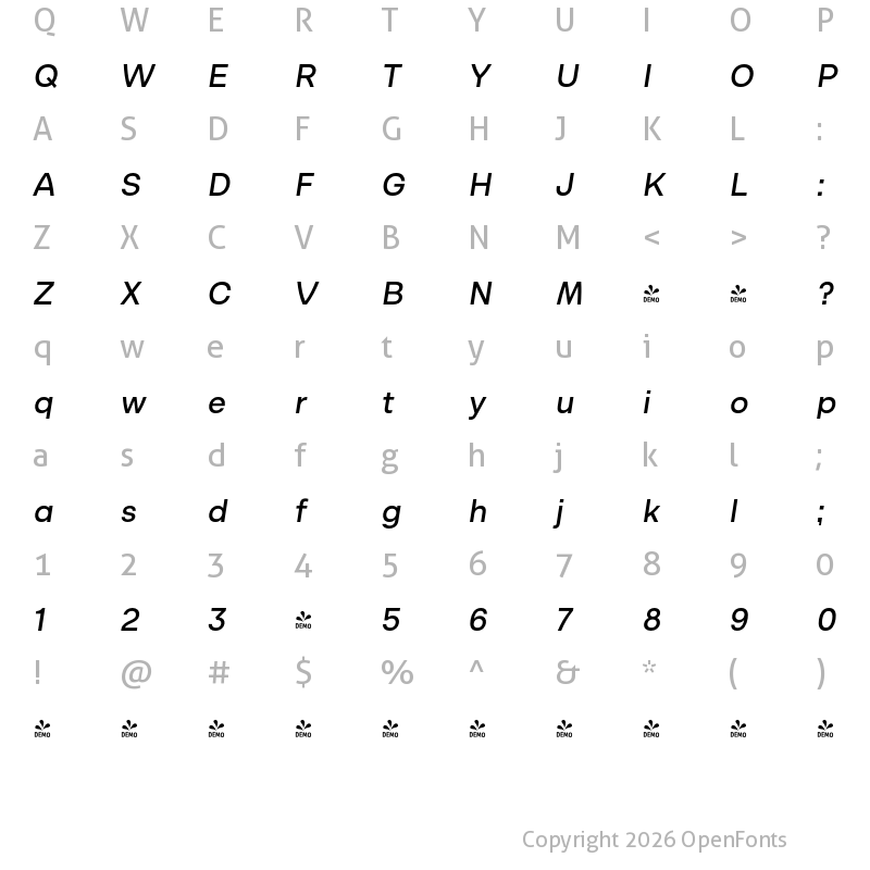 Character Map of FONTSPRING DEMO - AlexerPro Med Italic