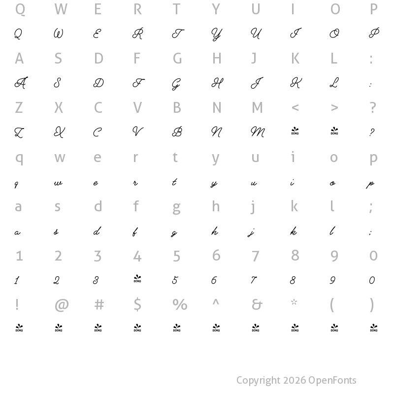 Character Map of FONTSPRING DEMO - Alfons Script Bold Regular