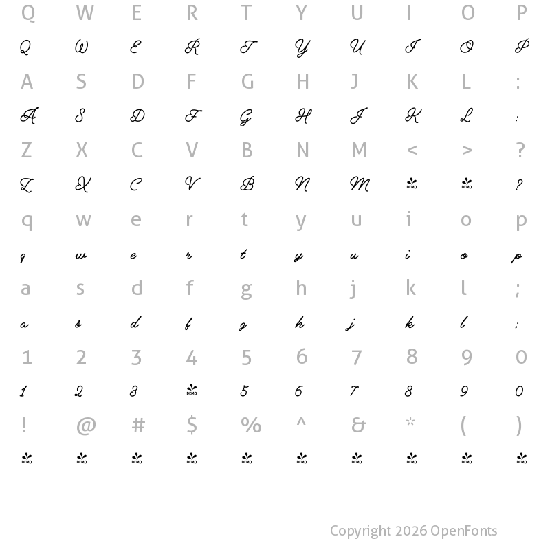Character Map of FONTSPRING DEMO - Alfons Script ExtraBold Regular