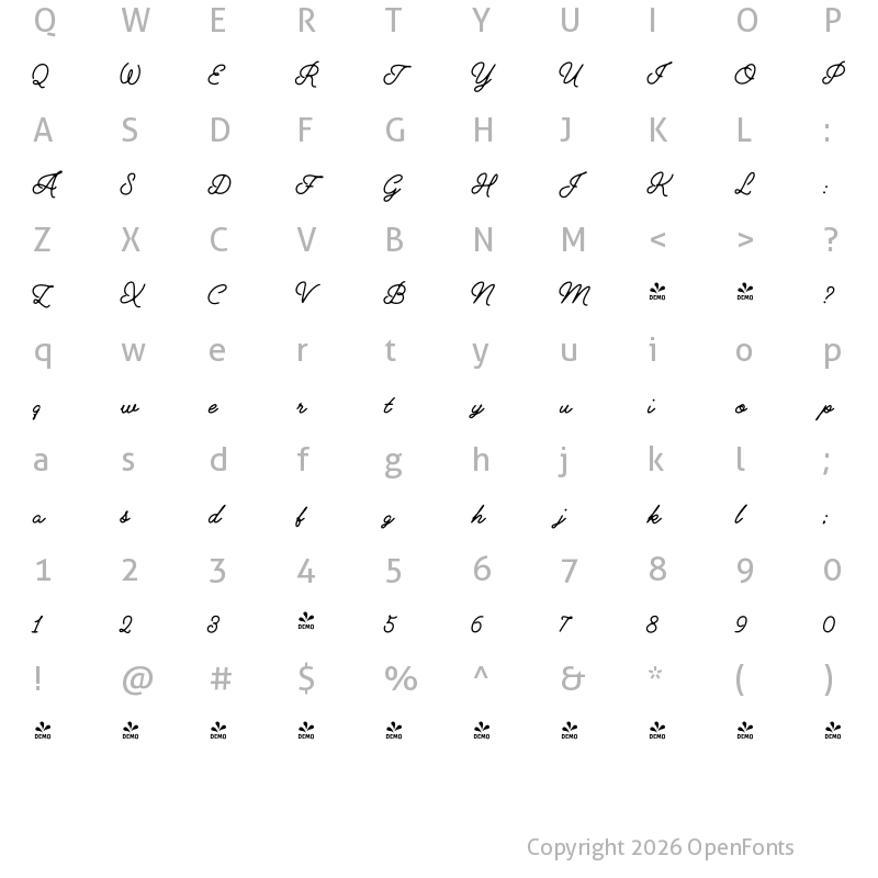 Character Map of FONTSPRING DEMO - Alfons Script P1 Regular