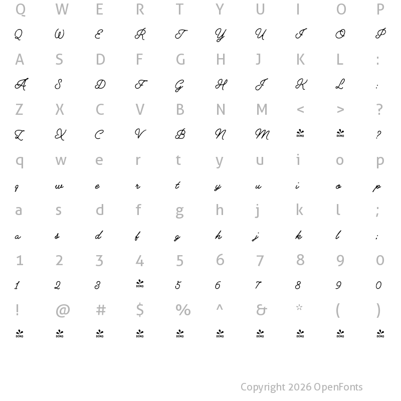 Character Map of FONTSPRING DEMO - Alfons Script P2 Regular