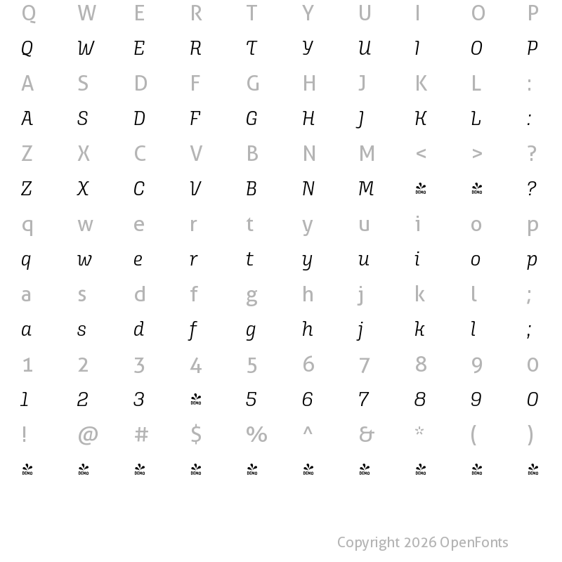 Character Map of FONTSPRING DEMO - Alianza Italic 300 300