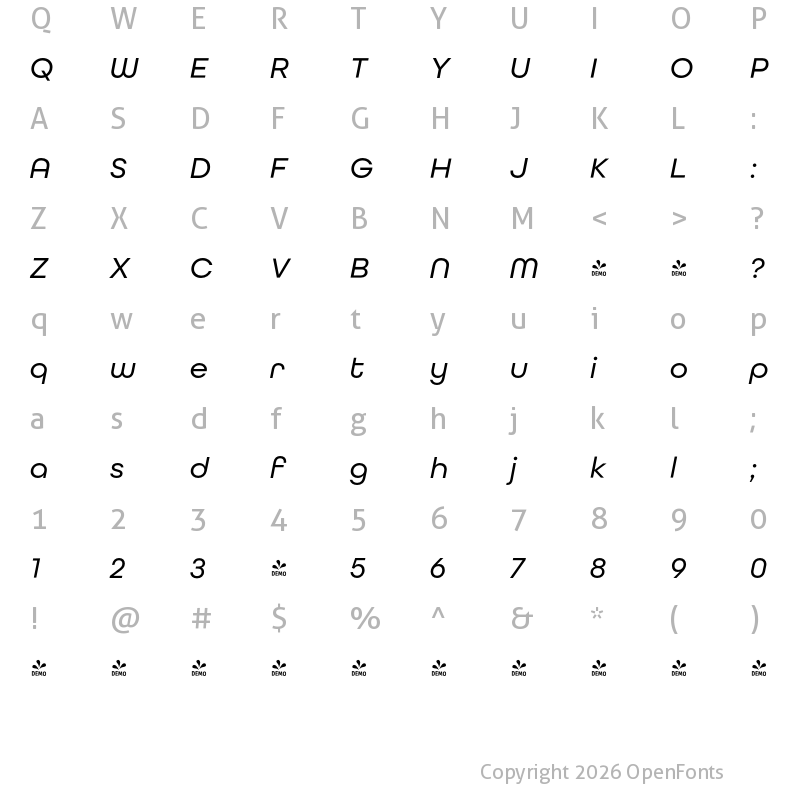 Character Map of FONTSPRING DEMO - All Round Gothic Text Italic