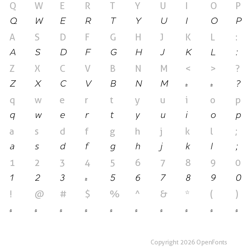 Character Map of FONTSPRING DEMO - Alleyn Pro Book Italic