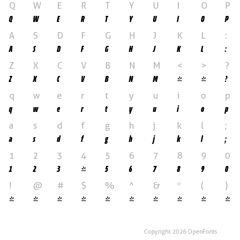Character Map of FONTSPRING DEMO - Allotrope Compressed ExtraBold Italic