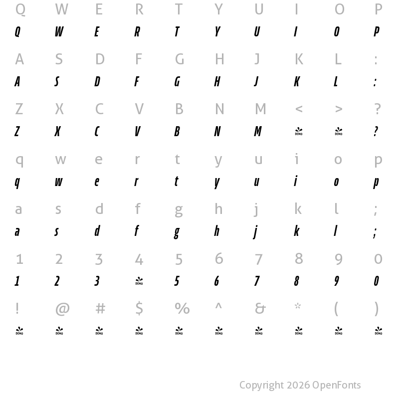 Character Map of FONTSPRING DEMO - Allotrope Compressed Medium Italic