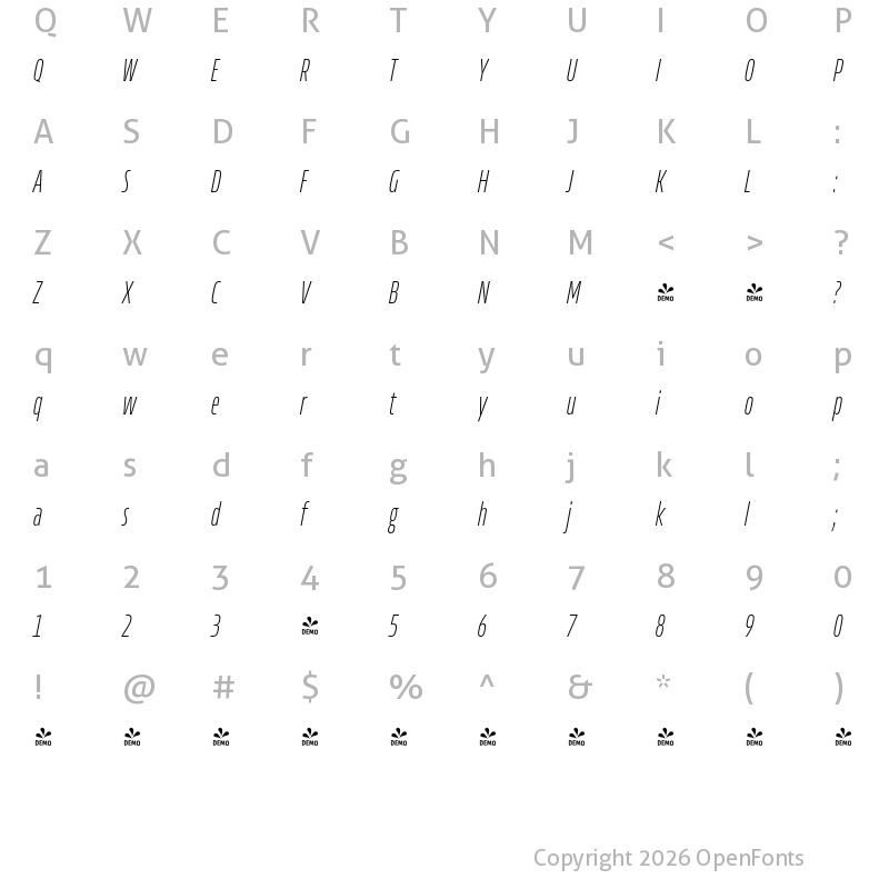Character Map of FONTSPRING DEMO - Allotrope Compressed UltraLight Italic