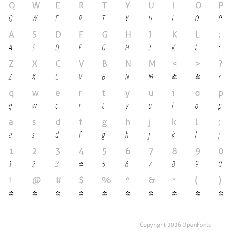 Character Map of FONTSPRING DEMO - Allotrope ExCond UltraLight Italic