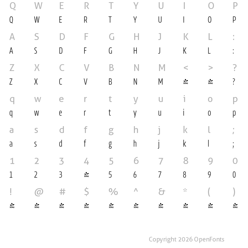 Character Map of FONTSPRING DEMO - Allotrope ExCondensed ExLight Regular