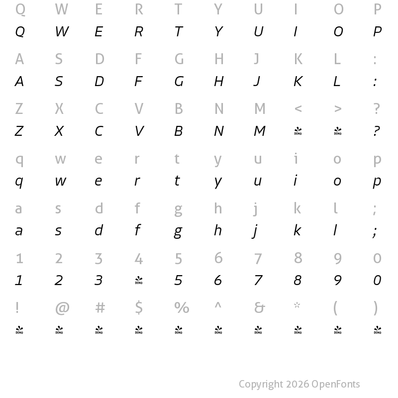 Character Map of FONTSPRING DEMO - Allotrope Light Italic