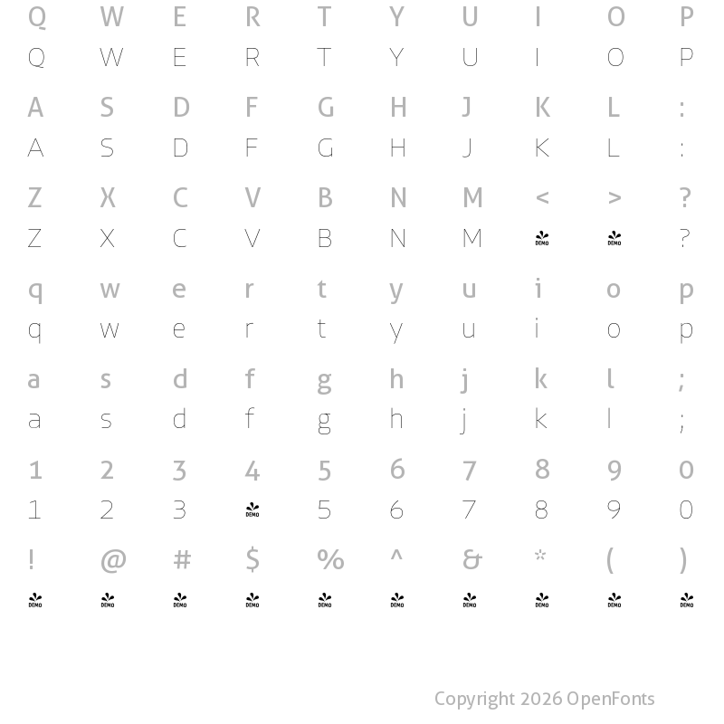 Character Map of FONTSPRING DEMO - Allotrope Thin Regular