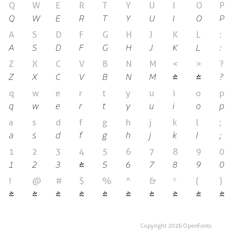 Character Map of FONTSPRING DEMO - Allotrope UltraLight Italic