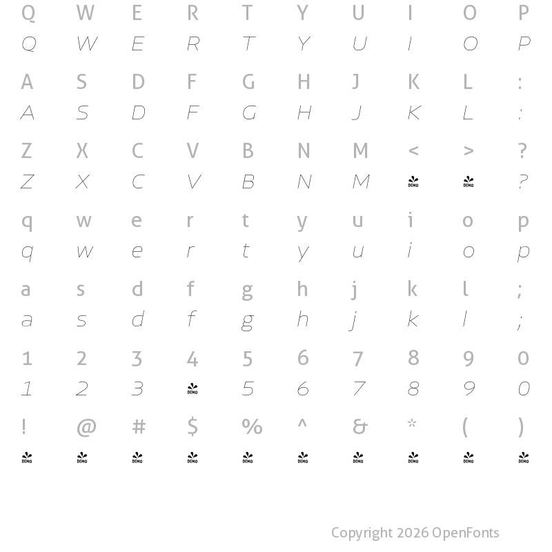 Character Map of FONTSPRING DEMO - Allotrope Wide Thin Italic