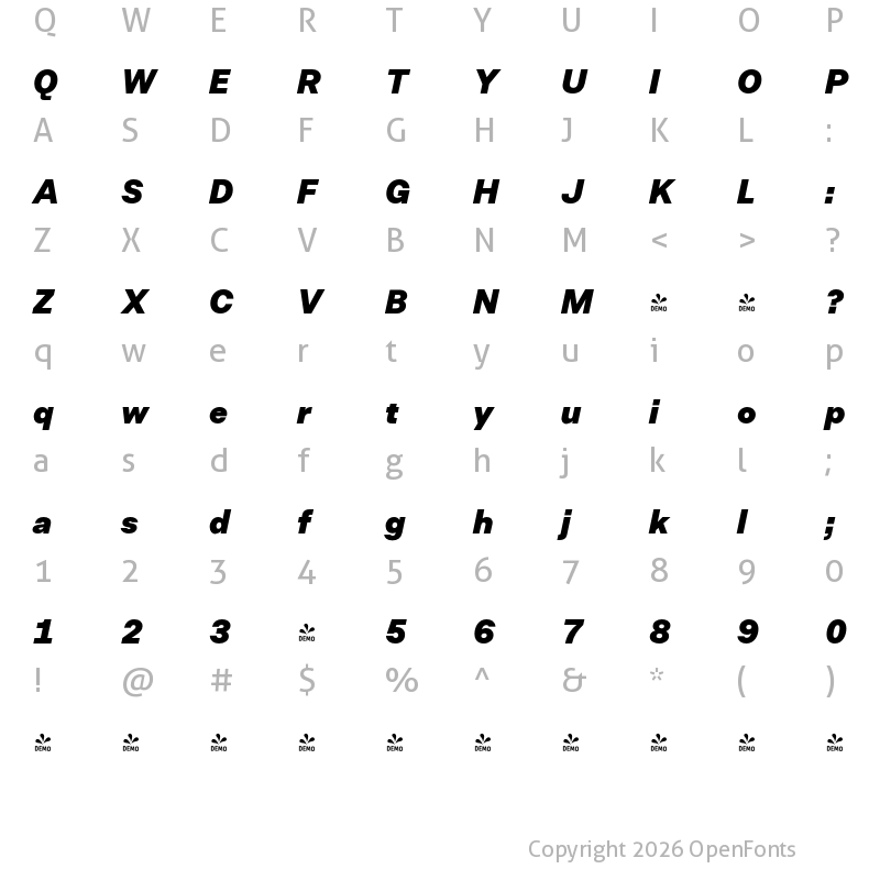 Character Map of FONTSPRING DEMO - Allrounder Grotesk Black Italic