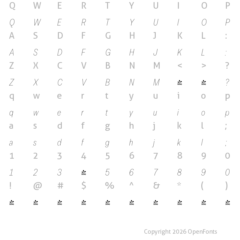 Character Map of FONTSPRING DEMO - Allrounder Grotesk Cmp Thin Italic