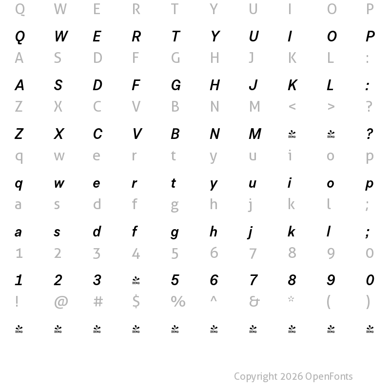 Character Map of FONTSPRING DEMO - Allrounder Grotesk Cnd Medium Italic