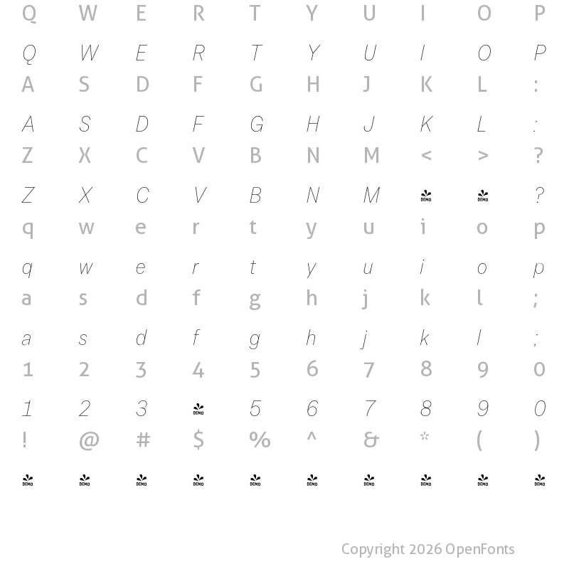 Character Map of FONTSPRING DEMO - Allrounder Grotesk Cnd Thin Italic