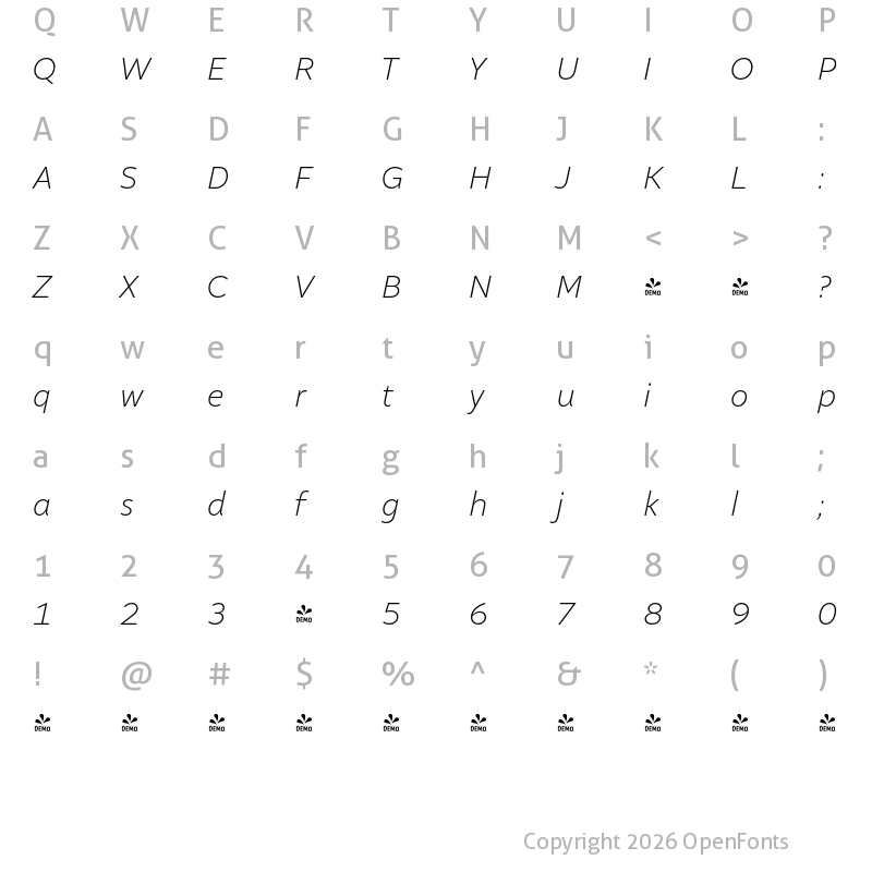 Character Map of FONTSPRING DEMO - Altivo Extra Light Italic