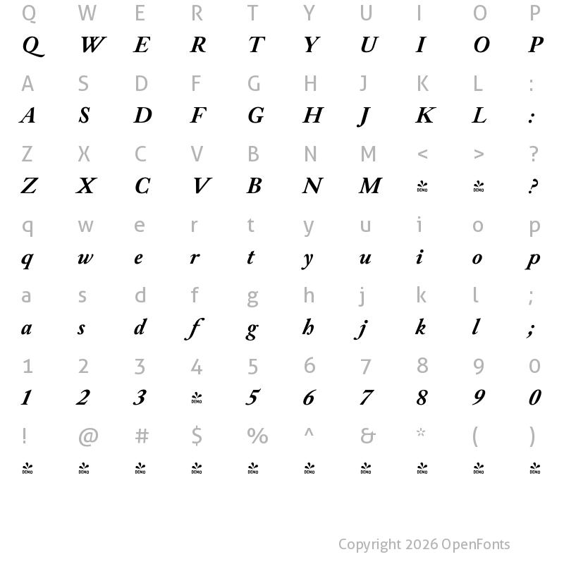 Character Map of FONTSPRING DEMO - Alvito Nova Bold Italic