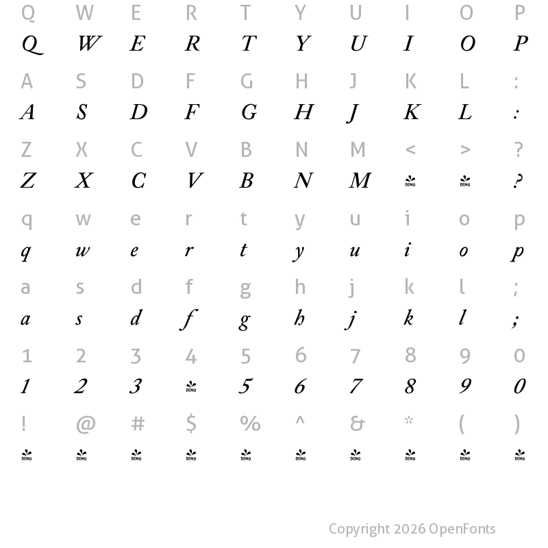 Character Map of FONTSPRING DEMO - Alvito Nova Italic