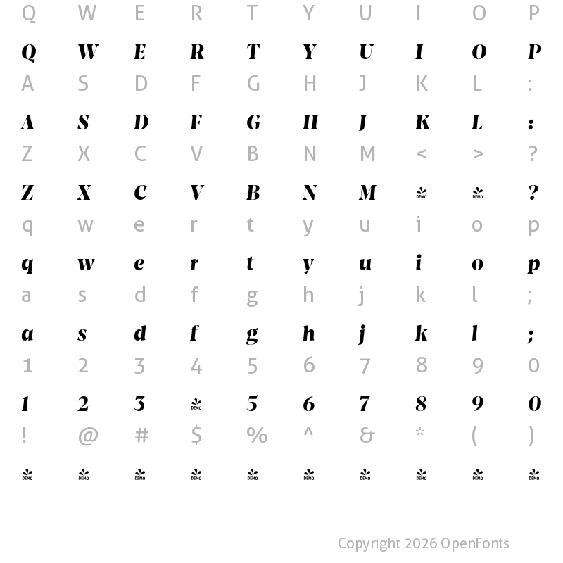 Character Map of FONTSPRING DEMO - Amarga Bold It Regular