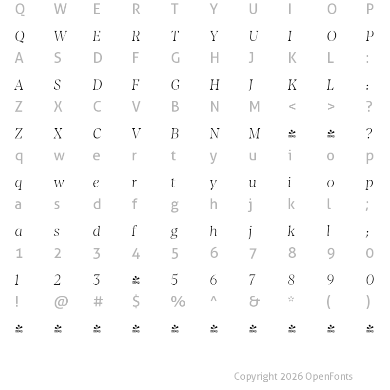 Character Map of FONTSPRING DEMO - Amarga ExtraLight It Regular