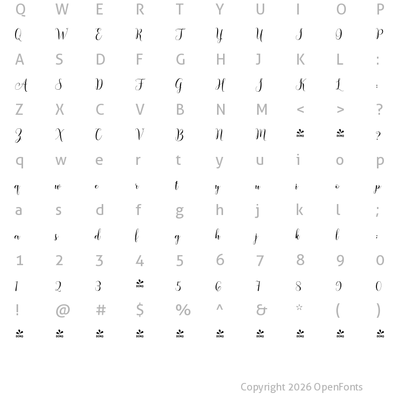 Character Map of FONTSPRING DEMO - Amberland Script Regular