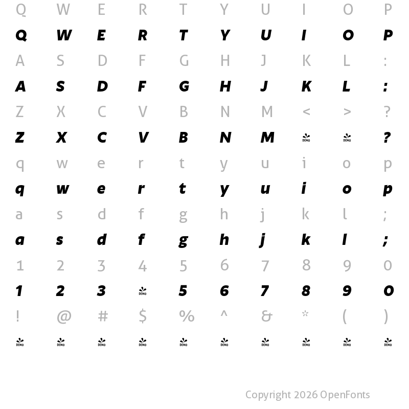 Character Map of FONTSPRING DEMO - Ambra Sans Extrabold Italic