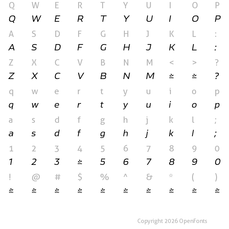 Character Map of FONTSPRING DEMO - Ambulatoria A Italic