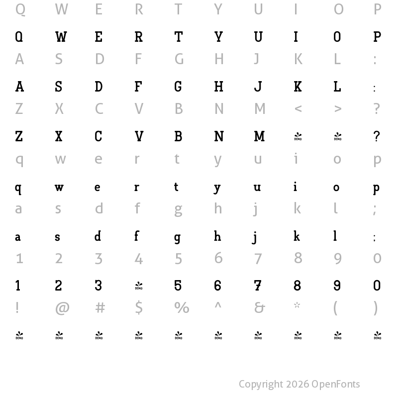 Character Map of FONTSPRING DEMO - American Oak Slab Regular