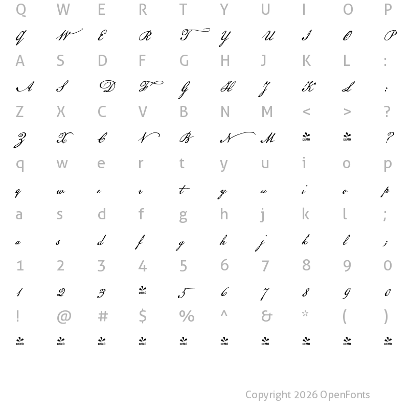 Character Map of FONTSPRING DEMO - American Scribe Regular