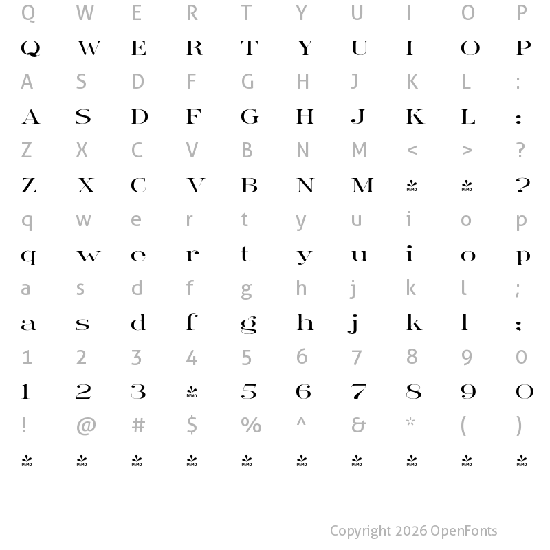 Character Map of FONTSPRING DEMO - Ames' Roman WideLight Regular